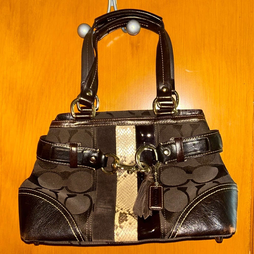 Coach Hampton  Brown Jacquard Leather Trim Python Stripe Belt Satchel Bag 10262